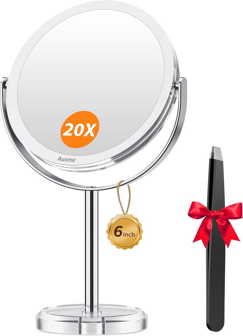 Auxmir 20X Magnifying Makeup Mirror, Double Sided 1X/20X Magnifying Mirror, Tabletop Magnified Vanity Mirror with Magnification, 360 Rotation, Stand for Dressing Table, Bathroom, Bedroom