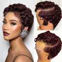 Dark Auburn Burgundy Curly Pixie Cut Lace Front Wig Human Hair Wigs, 99J Burgundy 13x4 HD Lace Frontal Wigs Short Layered Curly Glueless Wig Deep Wave Pixie Cut Human Hair Wigs for Black Women