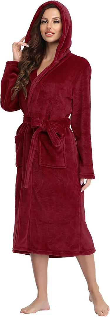 RONGTAI Womens Robes Plush Fleece Hooded Bathrobe Thick Nightgown with Pockets Fluffy Sleepwear (Small, Burgundy)
