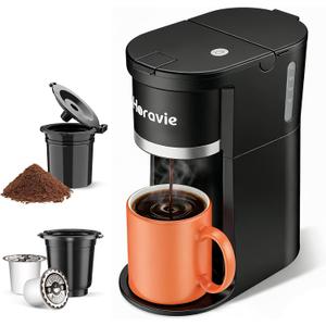 Horavie Small Single Serve Coffee Maker, Fast Brew One Cup Coffee Machine for K Cup and Grounds, 6 to 12 oz. Brew Sizes, Pod Coffee Maker with Descaling Reminder and Viewing Tank, Black (9.45 Inches)