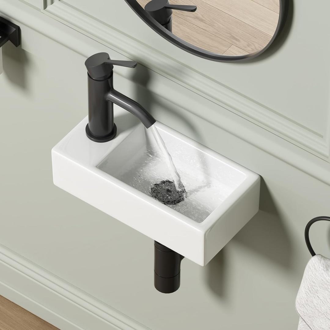 Small Wall Mounted Bathroom Sink, QISHKA 14.5" x 7" Ceramic Rectangular Wall Hung Vessel Sink White Wash Basin, Save Space for Mini Bathroom (Left Hand)