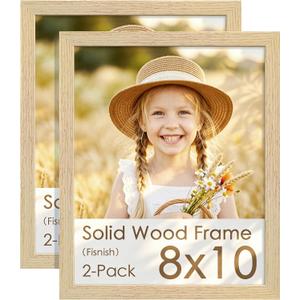 8x10 Picture Frame Set of 2, Natural Solid Wood Picture Frames, Display 8x10 Photos without Mat, for Wall and Tabletop, Natural