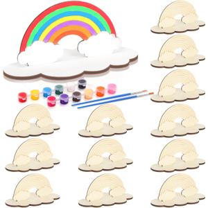12 Sets Rainbow Crafts for Kids Rainbow Art Painting Sets for Party Favors Wooden Painting Brush Kit Return Gifts for Birthday Party Supplies Class Make Your Own Craft Kits (Cute)