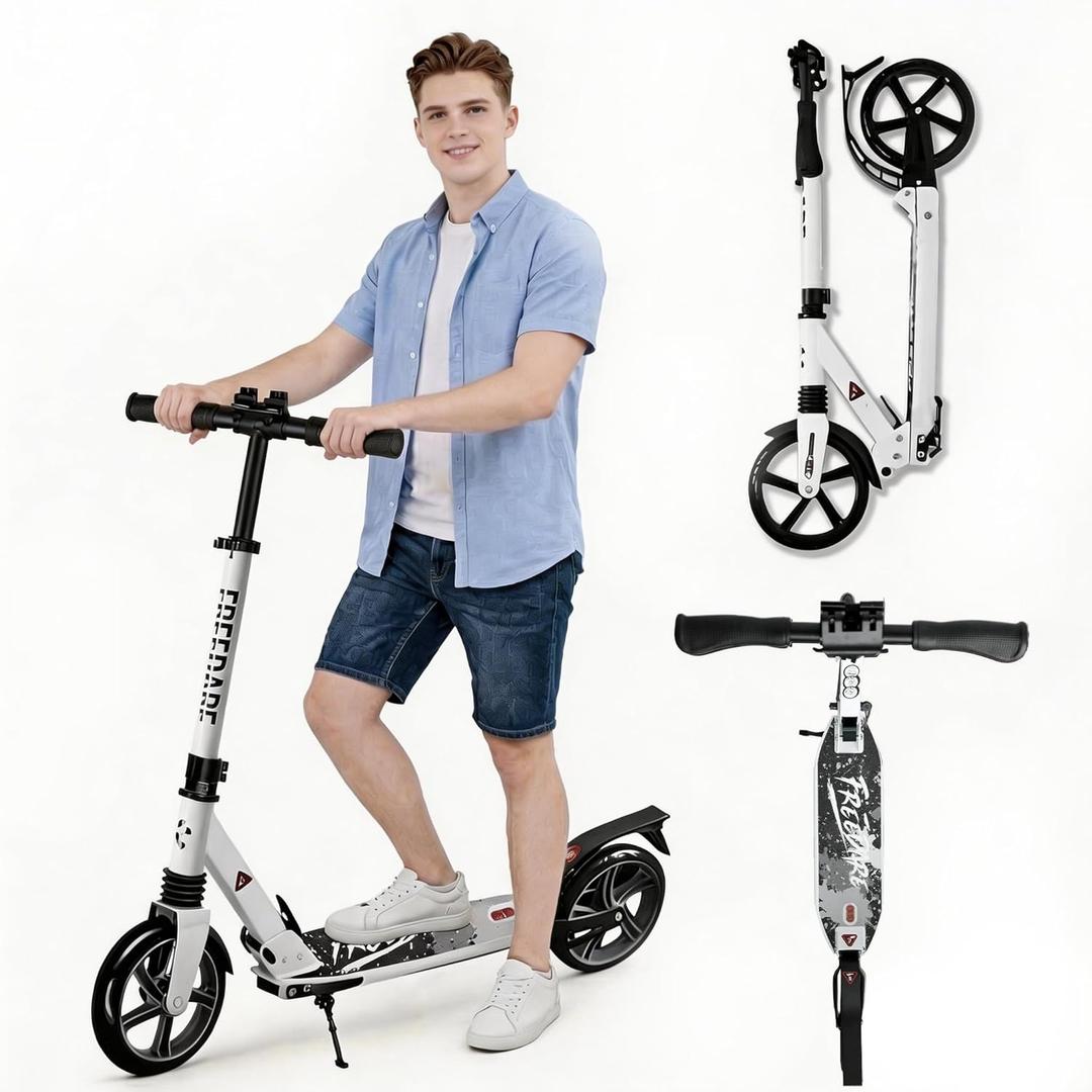 FREEDARE Kick Scooter for Kids & Adults Ages 8+, Foldable Teen Scooter with 2 Big 8-inch Wheels and 4-Level Adjustable Handlebar, Max Load 220 LBS