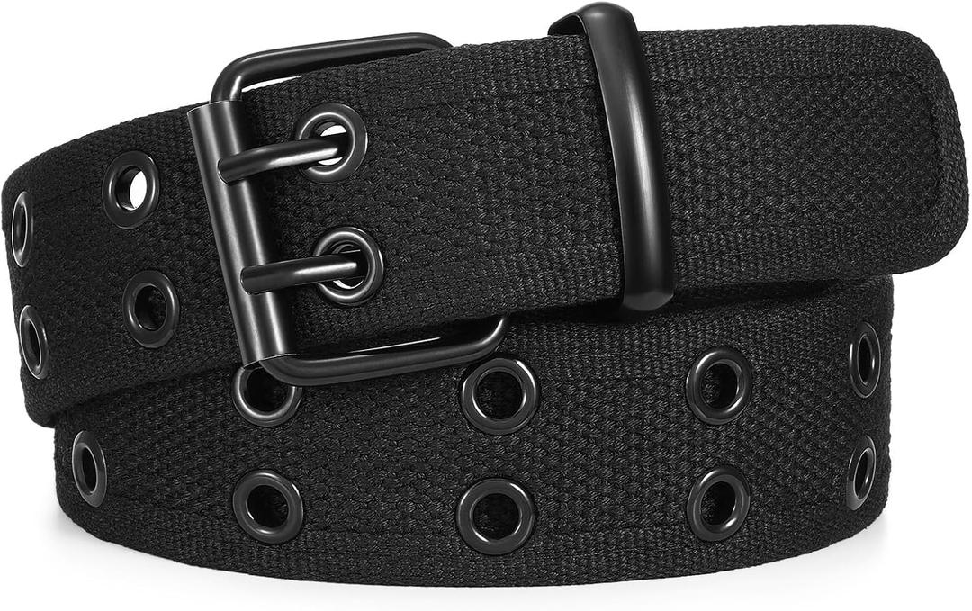WHIPPY Canvas Double Grommet Belt Unisex Casual Double Prong Belt for Men Women for Jeans Pants (Fit Waist Size Below 40", Black(black Buckle))