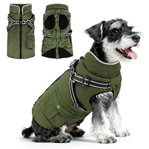 Dog Winter Coat with Harness Built-in | Waterproof Dog Jacket with Zipper & Fleece Lining | Reflective Cold Weather Coat for Small Medium Large Dogs, Army Green