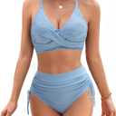 BMJL High Waisted Bikini Sets for Women Bathing Suits Tummy Control Plush Embroidery Two Piece Sets Push Up Swim Suits (X-Large, Light Blue)