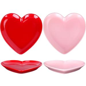 Whaline 2Pcs Heart Shaped Plate Ceramic Dessert Plate Pink Red Salad Dinner Steak Plate for Home Kitchen Xmas Wedding Valentines Day Anniversary Birthday Party Decor