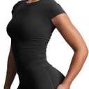 Aoxjox Women's Cap Sleeve T-Shirts Crew Neck Velura Ruched Tee Without Padded Workout PlushFlex Gym Yoga Crop Top (Black) XS