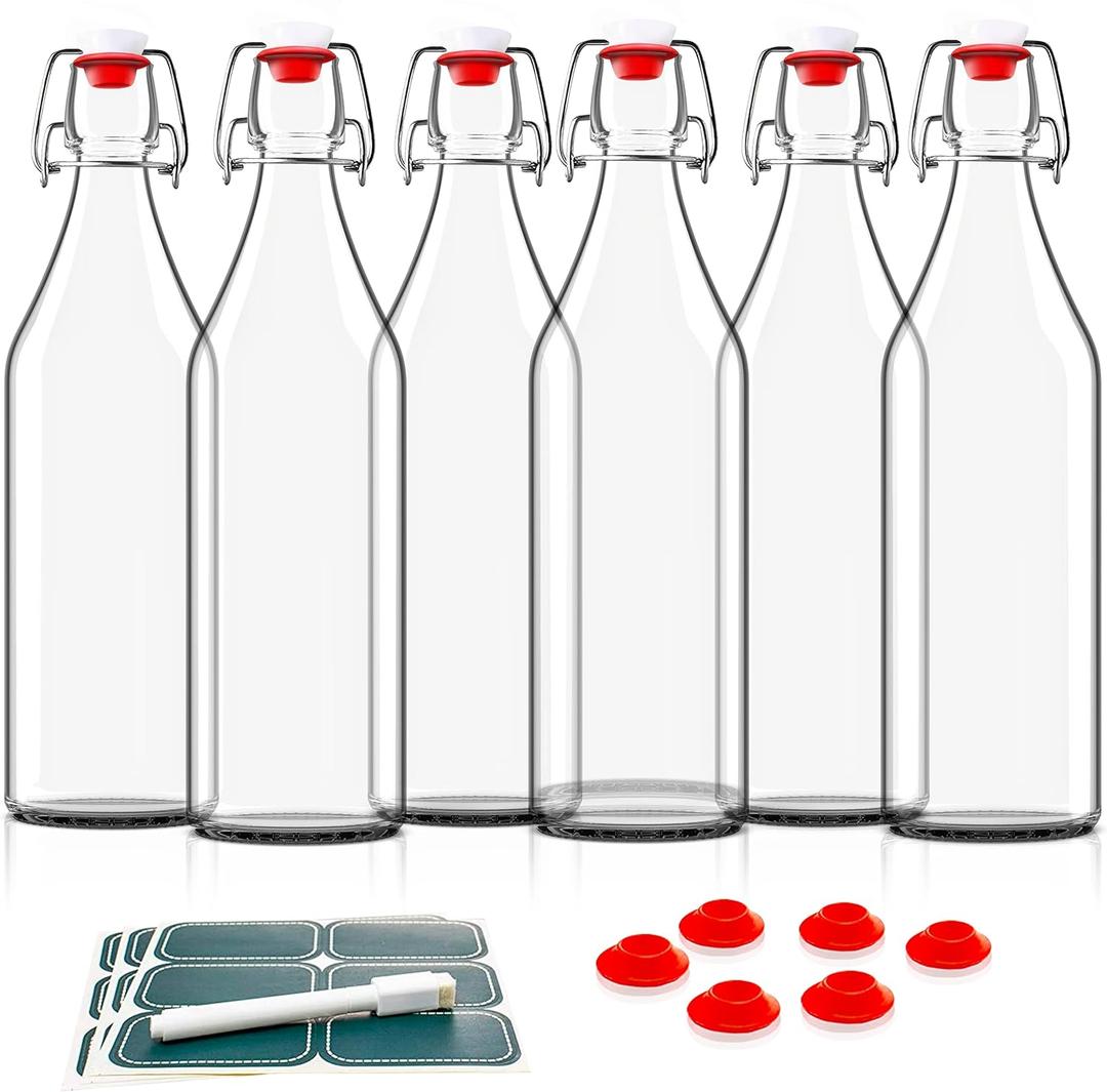 Otis Classic Swing Top Glass Bottles - Set of 6, 16oz w/Marker & Labels - Clear Bottle with Caps for Juice, Water, Kombucha, Beer Brewing, Kefir Milk or Eggnog