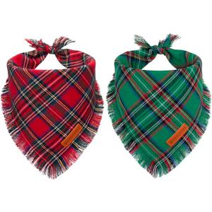 ADOGGYGO Christmas Dog Bandanas with Tassels, Stylish Plaid Dog Scarf Bib, Premium Cotton Fabric, Red Green Christmas Bandanas for Medium Large Dogs Pets (Large)