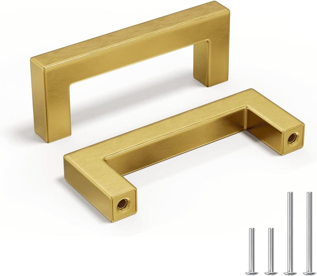 homdiy 3 Inch Gold Cabinet Pulls 6 Pack Brushed Brass Kitchen Handles Square Cabinet Hardware for Cupboard Doors 10" Hole Centers
