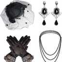 Heliltd 4Pcs Fascinators Hat and Gloves for Women Pillbox Hat with Veil Tea Party Accessories for Women (Black)