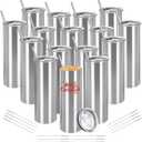16 Pack Stainless Steel Skinny Tumblers Blank Bulk Straight Double Wall Insulated Tumbler with Lid and Straw for, DIY Gift, 20oz Silver