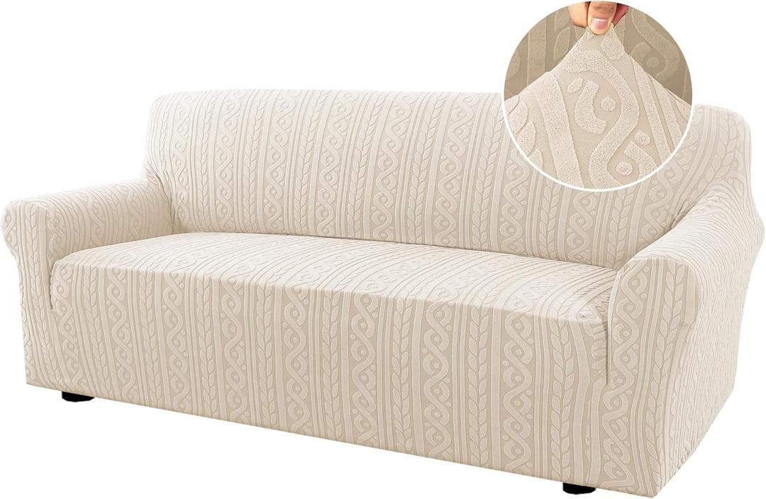 H.VERSAILTEX Sofa Cover 1 Piece Stretch Sofa Slipcovers Non Slip Sofa Cover with Elastic Bottom Washable for Kids, Pets Upgrade Thick Jacquard Fabric with Spiral Pattern(75"-85", Ivory)