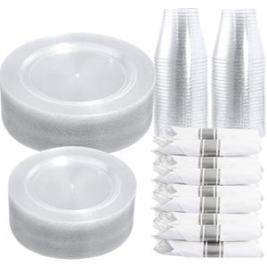 DaYammi 350 Pieces Silver Glitter Dinnerware Set 50 Guest for Party- 50 Dinner Plates, 50 Dessert Plates- 50 Per Rolled Napkins with Silver Cutlery- 50 Disposable Cups 9 OZ