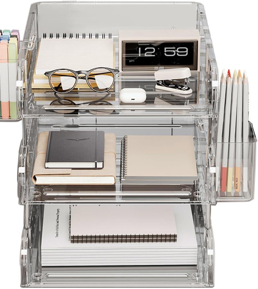 Clear Acrylic Desk Organizer, Multi-Tier Letter Tray with Pen Holder, Office Storage for Documents and Supplies, Clear 
