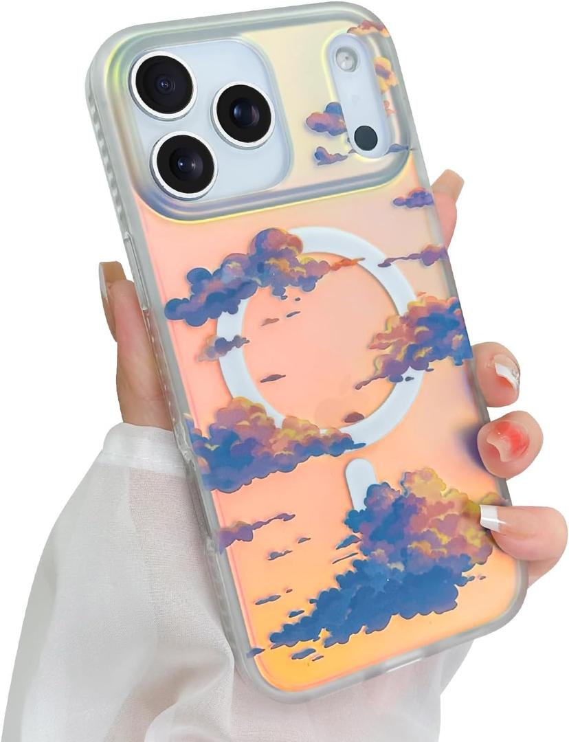 Cute Case for iPhone 17 Pro Max Case for Women Girls [ Compatible with Magsafe ] Aesthetic Cloud Pattern Design, Girly Glitter Sparkly Bling Protective Phone Cover, Iridescent Sun Set Sky