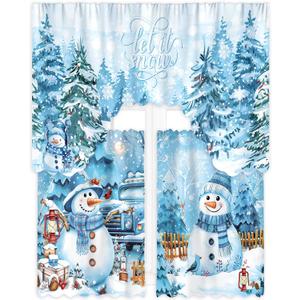 Christmas Kitchen Curtains 3 Piece Set Blue Snowman Window Curtains and Valance Set Xmas Curtain Swag for Kitchen Bedroom Living Room Decor, 60 x 36 Valance, 36 x 30 Tier