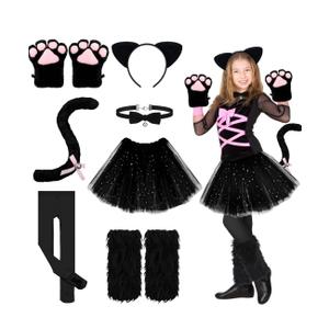 Haull 8 Pcs Halloween Kitten Cat Costume Accessories Girl Cat Ear Tail Gloves Bell Choker Necklace Tights Skirt Calf Sleeves, S