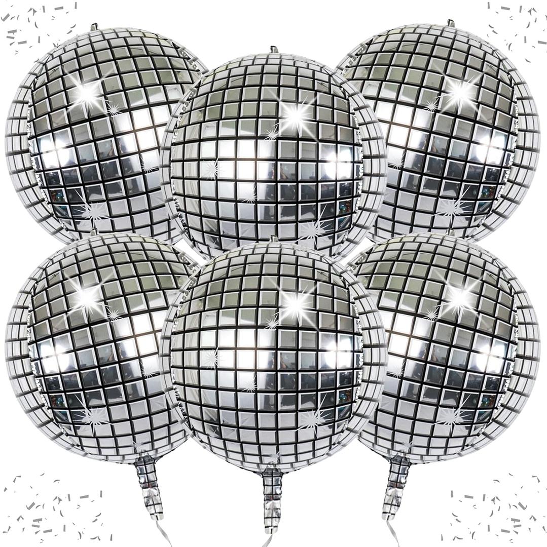 6-Pack 22 Inch Silver 4D Disco Ball Balloons - Decorations for 90s Dancing Queen Party