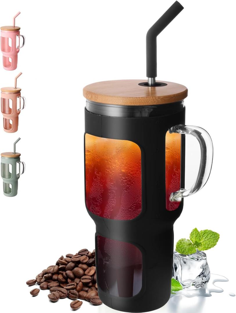 COMOOO 40oz Glass Tumbler with Bamboo Lid and Straw, Glass Water Cup with Handle, Iced Coffee Drinking Cup with Silicone Sleeve, Glass Tumbler Dishwasher Safe, Cup Holder Friendly, Black