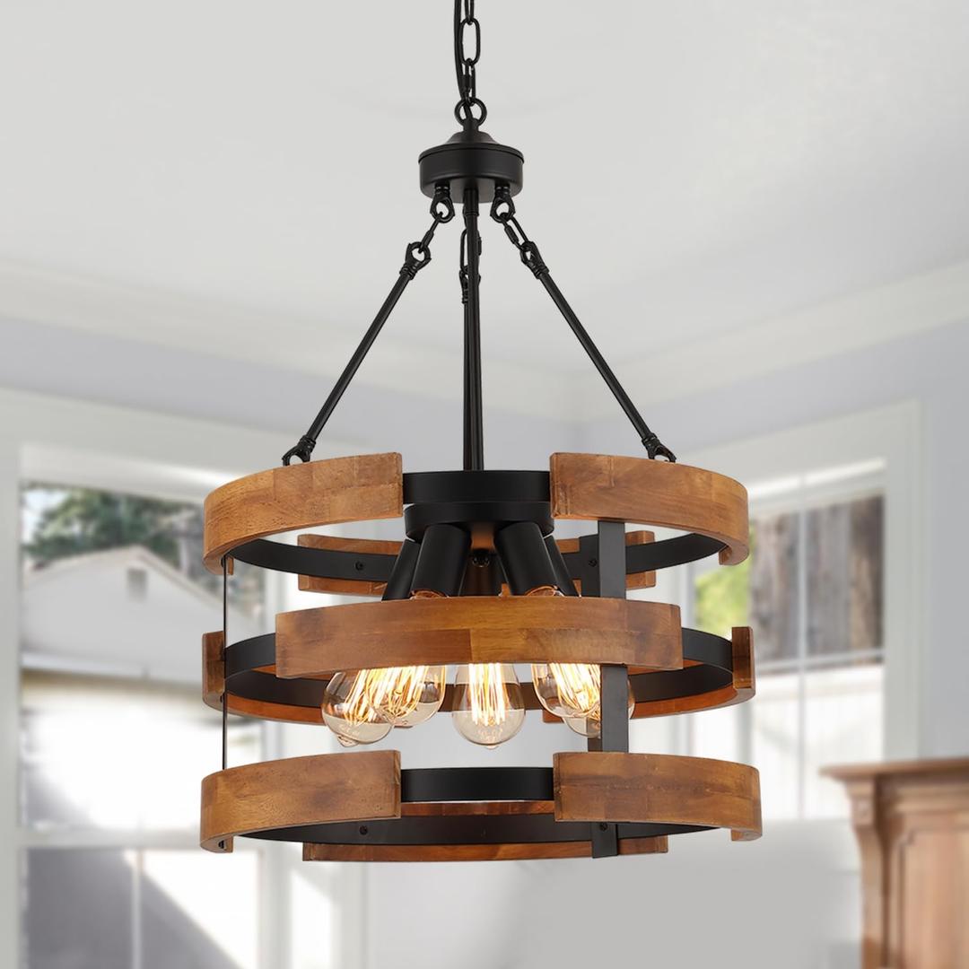 5-Light Round Rustic Chandelier Light Fixture, Farmhouse Hanging Pendant Lighting with 3-Tier Circular Metal Nature Wood Frame Drum Lights for Kitchen Island Entryway Dining Room