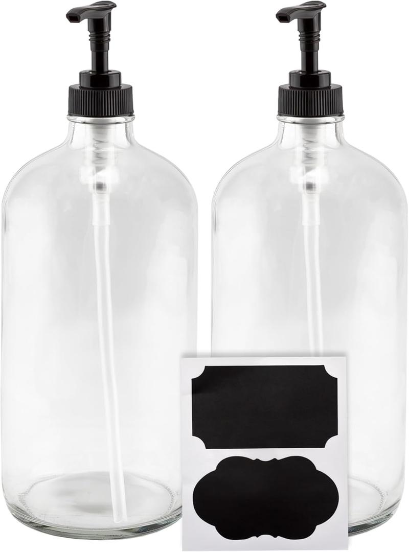 Cornucopia Brands 32oz Clear Glass Pump Bottles (2-Pack); Quart Size Soap Dispensers w/Black Plastic Lotion Locking Pumps; Includes Chalk Labels