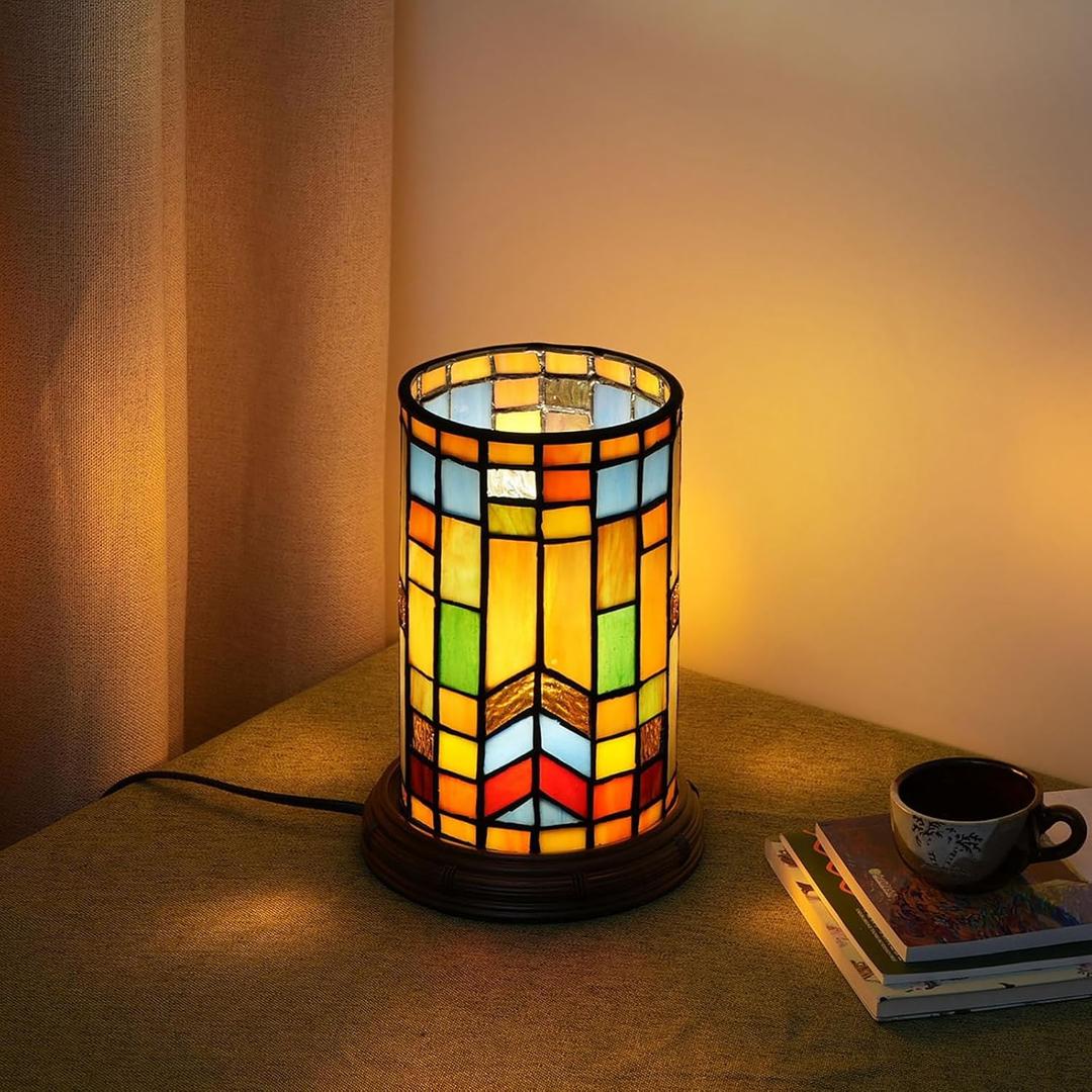 Tiffany Style Stained Glass Bohemian Block Table lamp Living Room Bedroom Bedside Flower Vase Decor Small Night Light Mini Cute Kids Accent Cottage Aesthetic Nightstand Cylinder Desk lamp