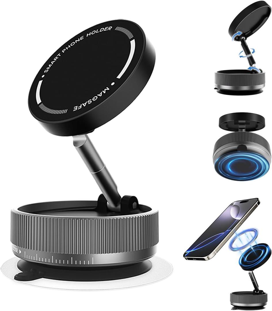 Vacuum Suction Phone Holder Magnet, 360 Adjustable Foldable Portable Vacuum Magnetic Phone Mount Stand (Black)