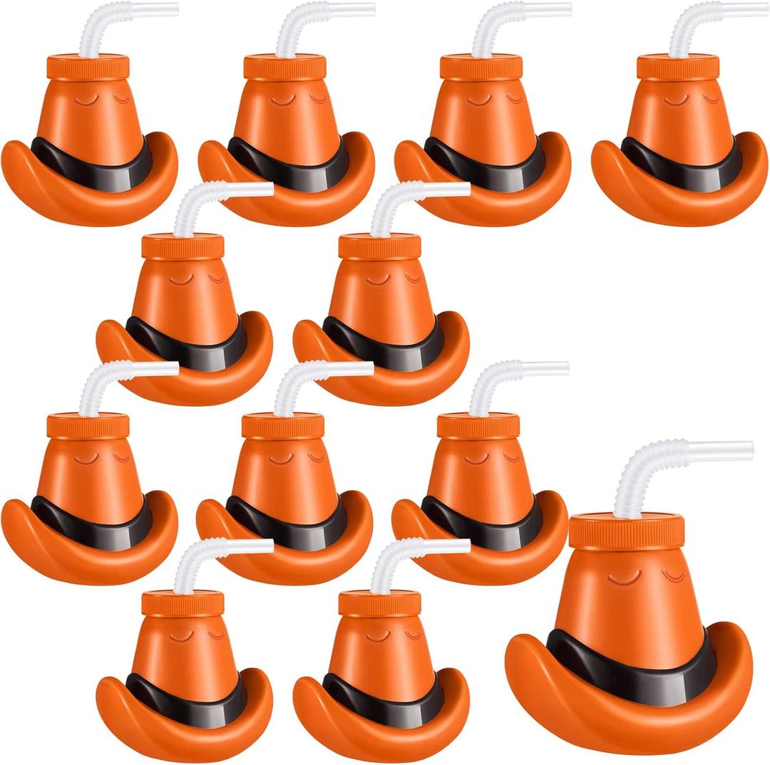 Amyhill Cowboy Hat Cups with Lids and Straws 12 oz Plastic Cowboy Hat Cups for Western Party Supplies Cowboy Birthday Party Decorations (Brown,12 Pcs)