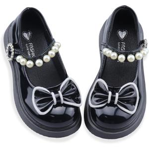 Elcssuy Toddler Little Girl Mary Jane Dress Shoes - Ballet Flats for Easter Flower Girl Party School Shoes Black Bow, Size 2