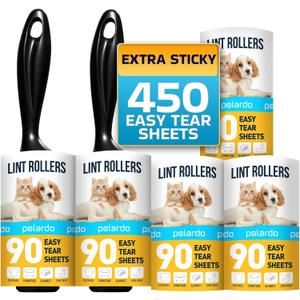 Lint Rollers for Pet Hair, Sticky, Remover for Couch, Clothes Furniture and Carpet. Dog Hair Remover Cat Hair, Animal Fur, Fuzz. 5 Large Lint Rollers (5 pcs - 450 Sticky Sheets)