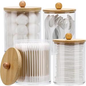 Tbestmax 4 Pack Qtip Holder Dispenser Cotton Ball, Cotton Swab, Floss - 12oz, 10 oz Clear Plastic Apothecary Jars for Bathroom Organizer and Storage Containers (Bamboo Lids)