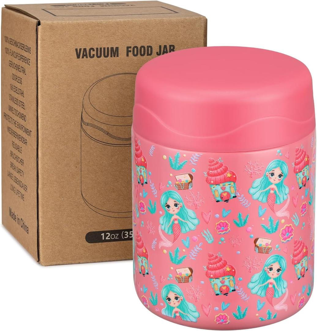 Wiwens 12oz Soup Thermo for Hot Food Kids Insulated Food Jar Wide Mouth Lunch Container Leak Proof Stainless Steel Vacuum Bento Box for School Office Travel Outdoors Pink-Mermaid
