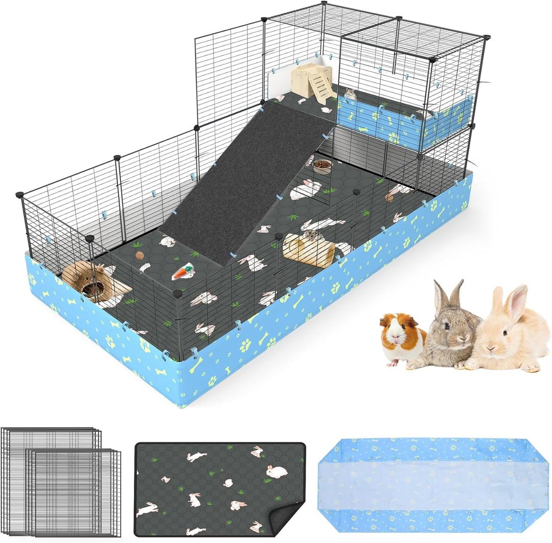 MODESLAB Guinea Pig Cages with Tarp and Bedding Pee Pad Liner, 2-Story Large Guinea Pig Playpen C&C Loft Cage for 2 Rabbit Bunny Chinchilla Small Animal Habitat for Indoor (2-Tier, full set)