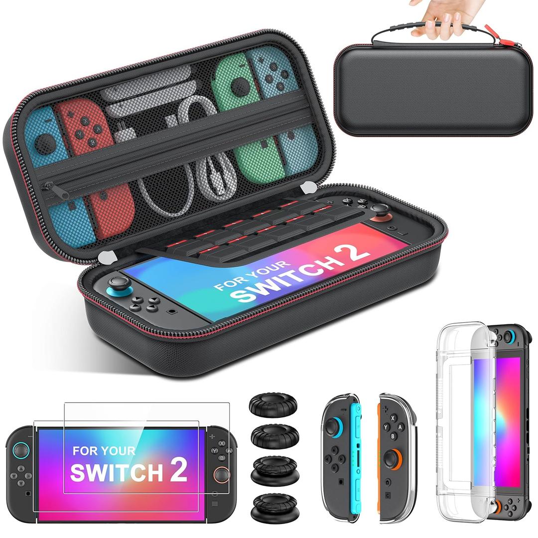 Spican Switch 2 Accessories 4 in 1 Bundle, Switch Carrying Case for Nintendo Switch 2/Switch/Oled, Split-Clear Protective CoverX1&Switch 2 ProtectorsX2&Grip CapsX4 for Nintendo 3DS & 2DS Games