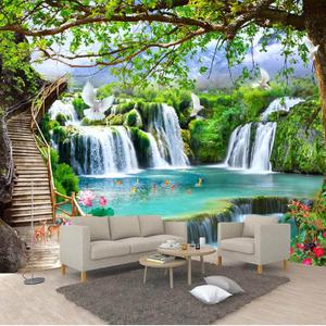 Waterfall Bird Lotus Fish Pond Wall Mural 3D Landscape Photo Wallpaper Home Decor Background Large Art Wall Painting for Living Room Bedroom 108"x 75"(W x H)(It's not Peel and Stick)