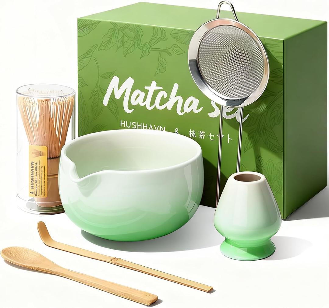 Matcha Whisk Set, Ceramic Matcha Set Includes Bowl & Holder, Bamboo Whisk (Chasen), Scoop, Spoon and Sifter, 6PCS Matcha Kit Covers Everything Needed for Making Matcha (Green)