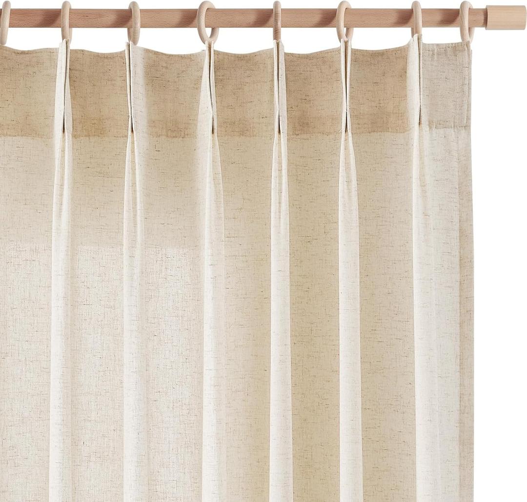 jinchan Pinch Pleated Linen Blend Curtains for Living Room, 96 Inches Long Beige Curtains, Natural Linen Farmhouse Curtains Pinch Pleated Curtains with Hooks Window Curtain, 2 Panels Ecru