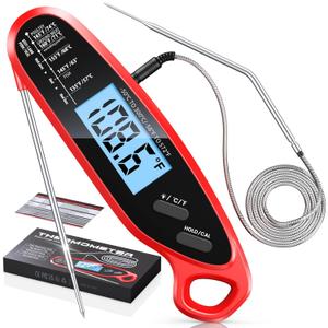 Instant Read Meat Thermometer Digital for Cooking with Dual Probe, Big Backlit & Calibration, Food Thermometer for Oven, Candy, BBQ, Grill, Smoker & Oil Fry, Gifts for Men, Kitchen Essentials (Red)