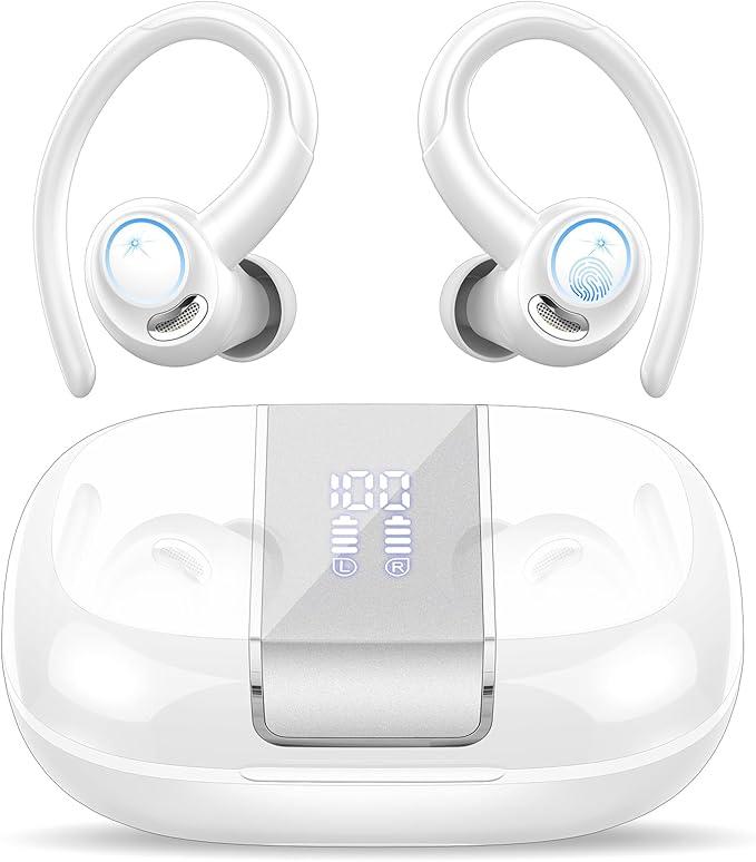 Csasan Headphones Wireless Earbuds Sport, Bluetooth 5.3 Over Ear Buds Stereo Deep Bass Headset with Earhooks, 48H Wireless Earphones with HD Mic, IP7 Waterproof Earbud for Sports/Running/Workout White