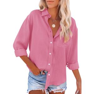 siliteelon Womens Button Down Shirts Cotton Dress Shirts Long Sleeve Blouses V Neck Tops with Pockets Solid Casual Tunics (X-Small, Camel Pink)
