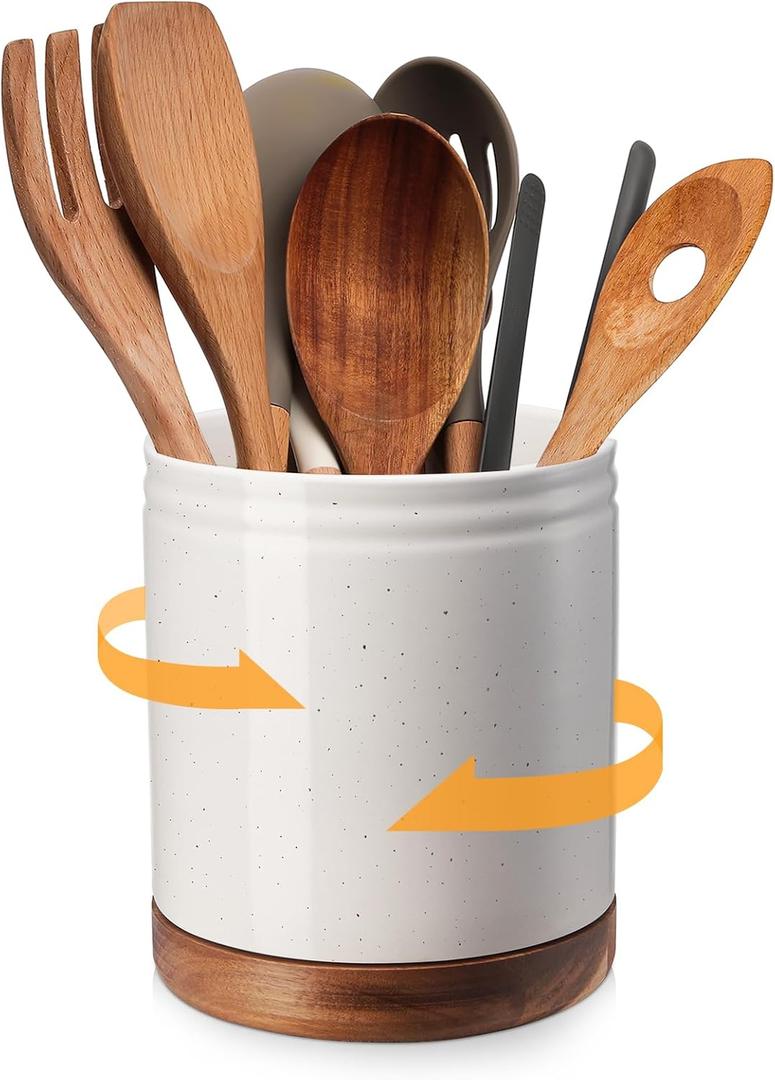 DOWAN 7.6" 360 Rotating Utensil Holder, Kitchen Utensil Holder for Countertop,Large Ceramic Utensil Crock for Kitchen Decor, Protection Cork Bottom, Speck White