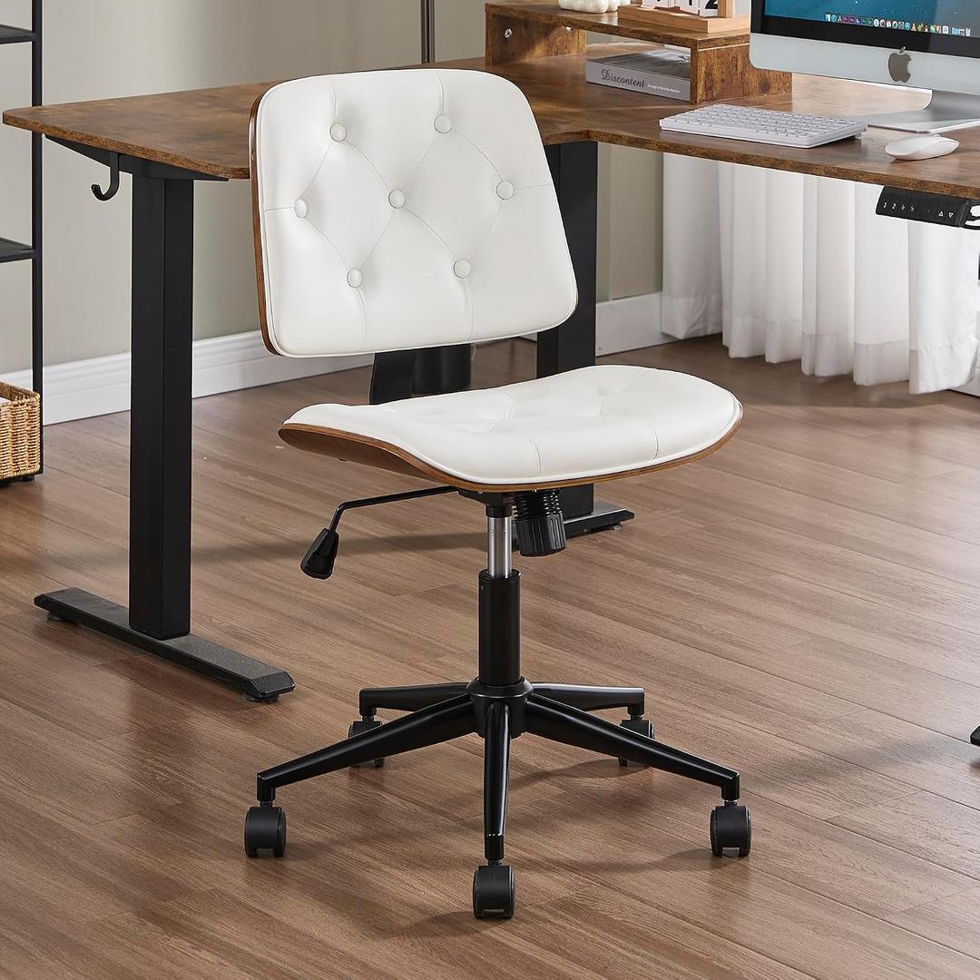 Armless Rolling Office Desk Chair, Adjustable Height Computer Chair, White, Button Style