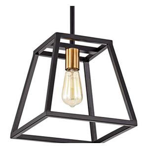 ACLand Industrial 1-Light Pendant Light Fixture Farmhouse Kitchen Island Ceiling Hanging Lighting with Metal Frame in Matte Black and Polished Brass Finish for Living & Bedroom, Corridor