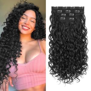 Flvaco Curly Clip In Hair Extensions, 4PCS 20 Inch Natural Black Extensions Clip Ins Lace Weft Curly Invisible Natural Hairpieces for Women