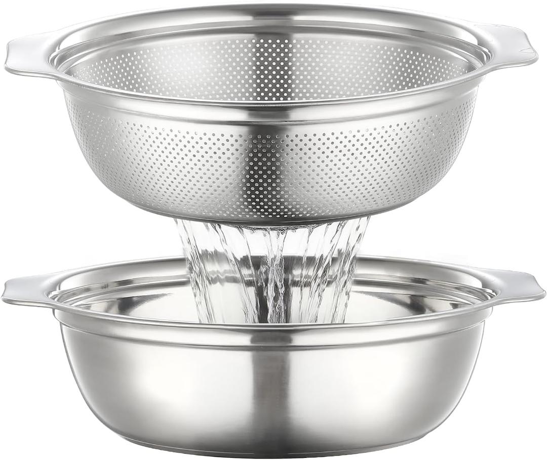 Colander for Kitchen Stainless Steel, 4QT Rice Strainer Bowl with Handle for Washing Pasta, Spaghetti, Vegetables, Fruit, Durable Use, Dishwasher Safe(2PC)