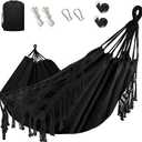 Bellzacasa Double Hammock, Heavy Duty 500 lb Load Capacity Tassels and Fishtail Knitting with Mounting Straps for Outdoor Camping Patio Balcony Black