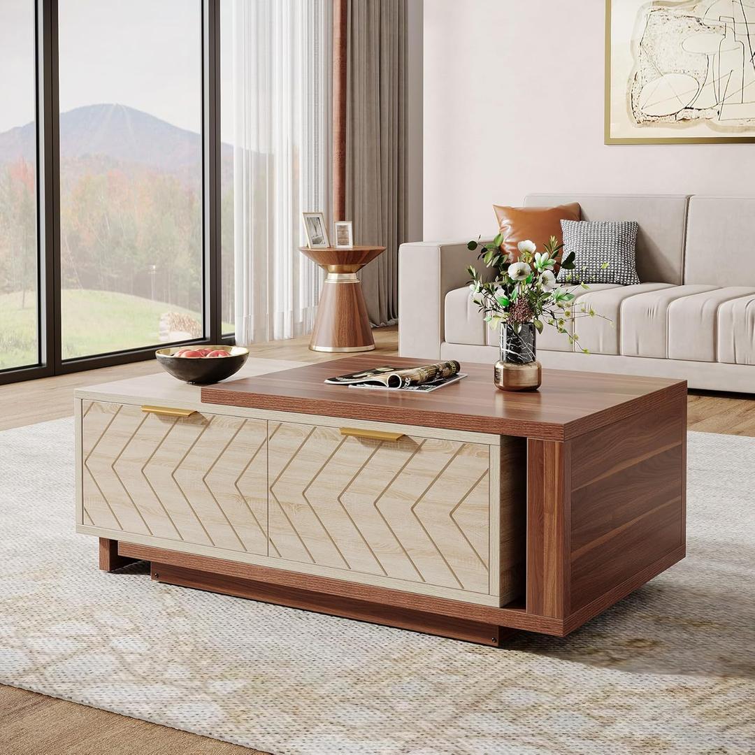 Tribesigns Extendable Coffee Table with 2 Storage Drawers, Dual-Tone Center Table with Sliding Tabletop, Multi-Functional Hidden Storage Wooden Rectangle Cocktail Table for Living Room (Walnut & Oak)